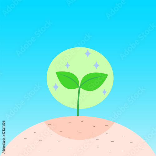 Shiningly growing sprout on fertile soil mound. Fertile soil concept. Vector illustration outline flat design style.