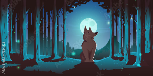 Wolf sitting in forest at night. Vector cartoon illustration of summer landscape with coniferous woods, pine trees, mountains on horizon, wild animal and full moon in sky