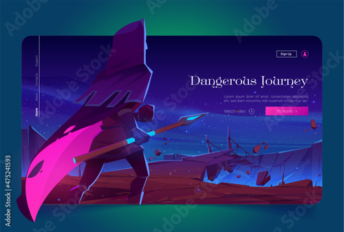 Dangerous journey cartoon landing page, wizard with glowing spear stand at night mountain landscape with suspended bridge under starry sky, magic fantasy game with knight or ranger, Vector web banner