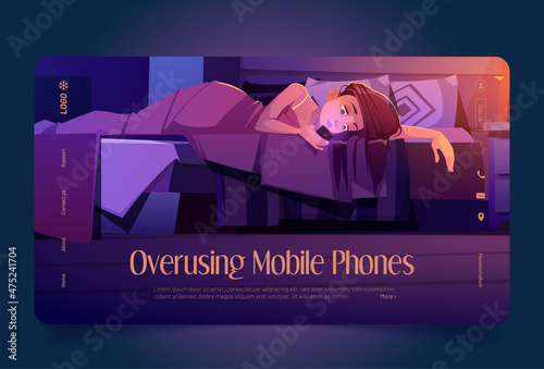 Overusing mobile phones banner. Concept of Internet addiction, FOMO, overuse social media. Vector landing page with cartoon illustration of sleepless woman lying in bed with smartphone at night