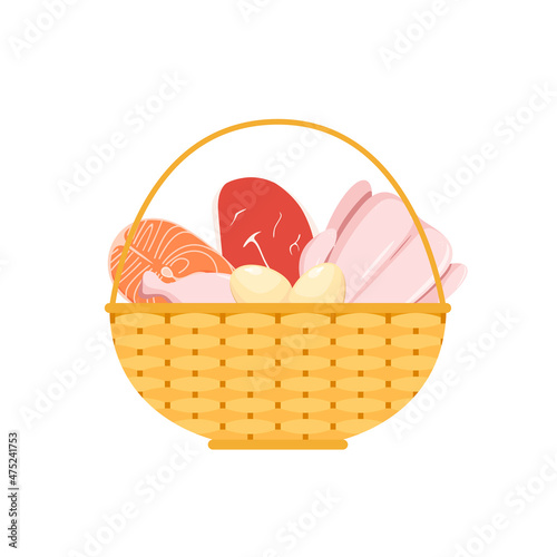 A wicker basket with meat. Flat design.
