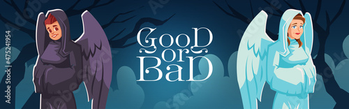 Good or bad angel and devil cartoon banner, kind and evil characters with wings wear white and black robe. Personages guides to spirit world in hell or heaven, religious figures, Vector illustration