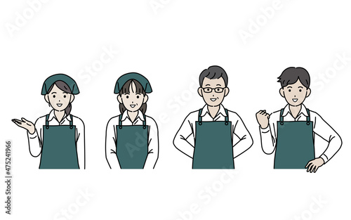 スーパーの店員　店長　パート　アルバイト　スタッフ　従業員　仕事　エプロン姿の男女　笑顔