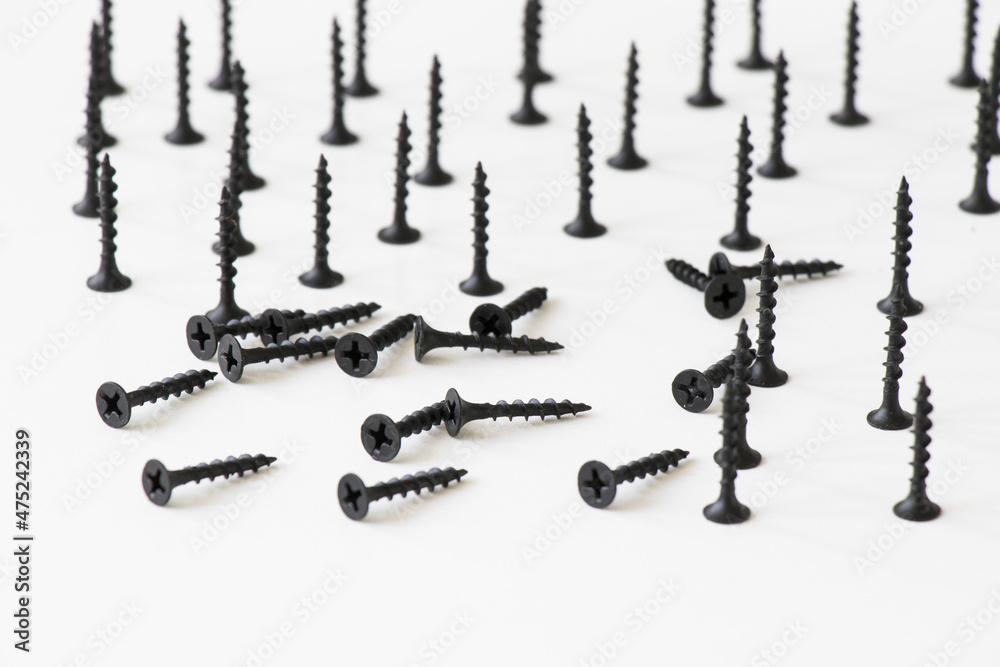 Black threaded screw on the white background, black and white colors