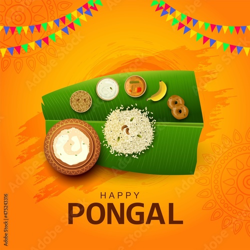 South Indian harvesting festival, Happy Pongal celebrations greetings with Pongal elements, banana leaf with pongal food. vector illustration design