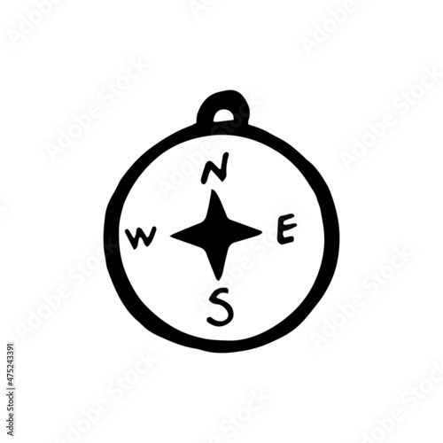 compass hand drawn doodle. vector, minimalism, scandinavian, monochrome, nordic, sketch. icon, sticker. cardinal points, orientation, direction, hike.