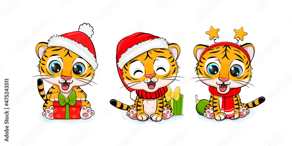 Set of Christmas tiger, Merry Christmas illustration of cute tigers with accessories, hat, scarv and gifts.Collection of chinese tiger.Vector illustration