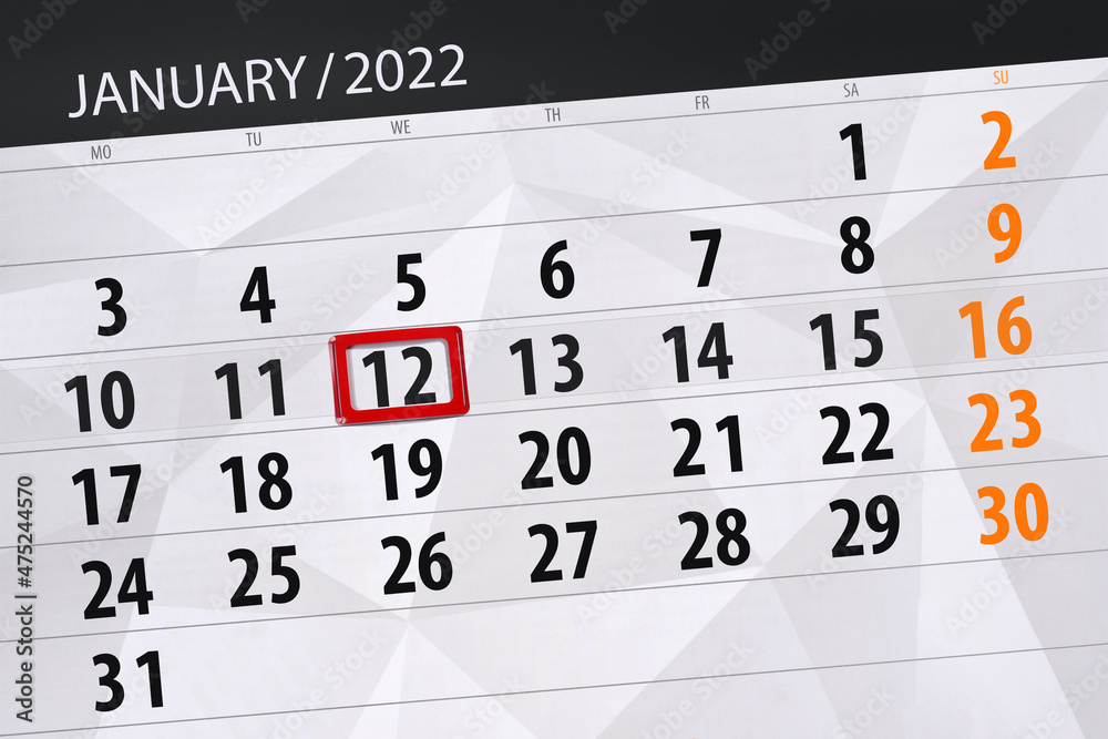 Obraz premium Calendar planner for the month january 2022, deadline day, 12, wednesday