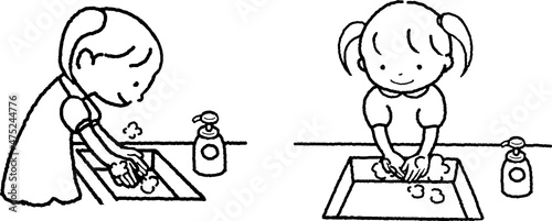 子どもが手を洗う。線画