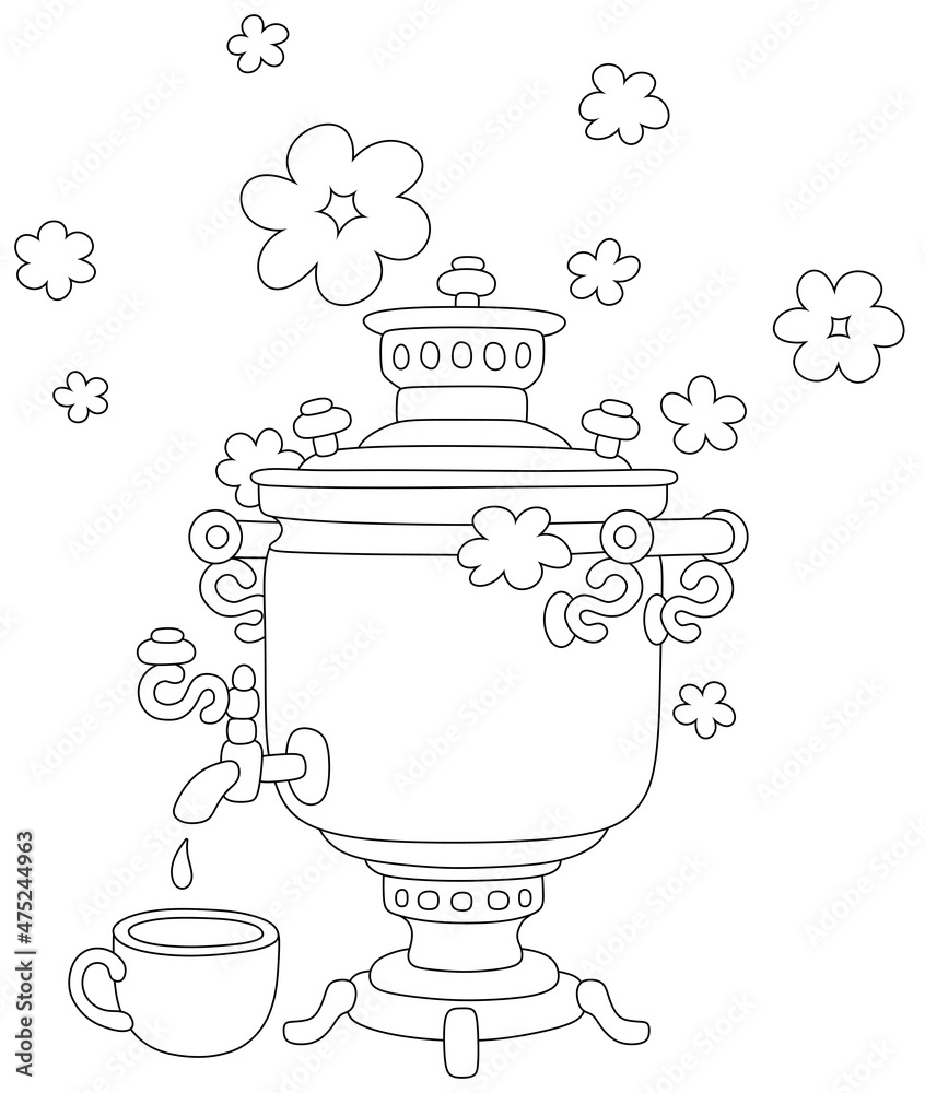 Old samovar with boiling water in clouds of steam for a traditional tea ...
