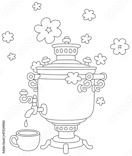 Old samovar with boiling water in clouds of steam for a traditional tea party, black and white vector cartoon illustration for a coloring book page