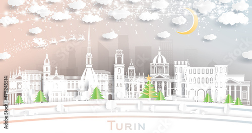 Turin Italy City Skyline in Paper Cut Style with Snowflakes, Moon and Neon Garland.