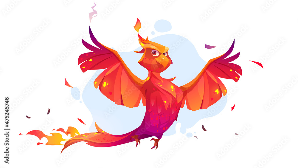 Cute phoenix character with orange burning feathers and fire. Vector cartoon  illustration of flying fairy tale firebird, beautiful fenix, mythology  magic bird isolated on background Stock Vector | Adobe Stock