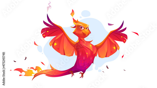 Cute phoenix character with orange burning feathers and fire. Vector cartoon illustration of flying fairy tale firebird, beautiful fenix, mythology magic bird isolated on background