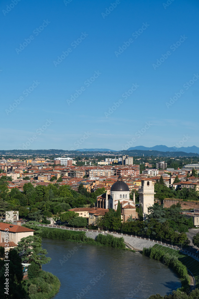 Verona in Italy aerial view. Churches in the historic city of Italy. Verona, Italy top view of the historic city. Aerial panorama in Verona.