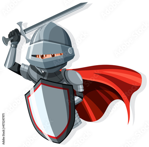 Medieval knight holding shield and sword cartoon character isolated