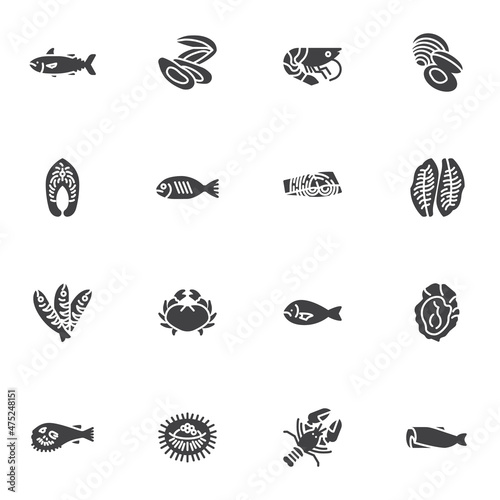 Types of seafood vector icons set
