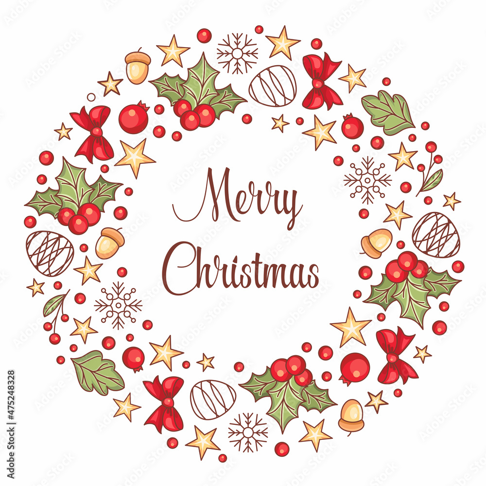 Christmas wreath sketched vector. Seasons Greeting wreath vector pattern on a white background. Round Christmas wreath vector Christmas wreath sketched vector. Seasons Greeting wreath vector pattern on a white background. Round Christmas wreath vector