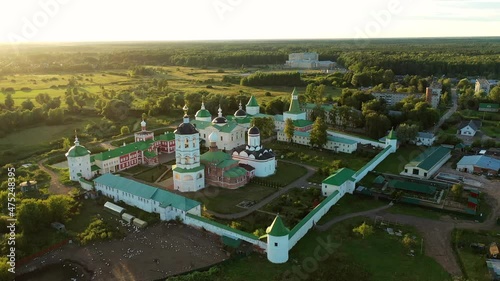 Aerial view over the Nicholas Peshnoshsky Monastery on a summer evening at sunset