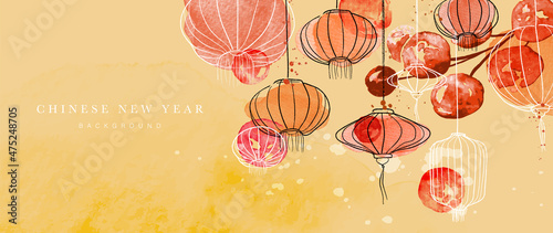 Chinese new year watercolor background vector. Oriental festive art design for place text and product images. Design for sale banner, cover and invitation.