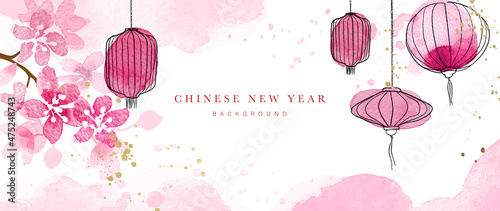 Chinese new year watercolor background vector. Oriental festive art design for place text and product images. Design for sale banner, cover and invitation.