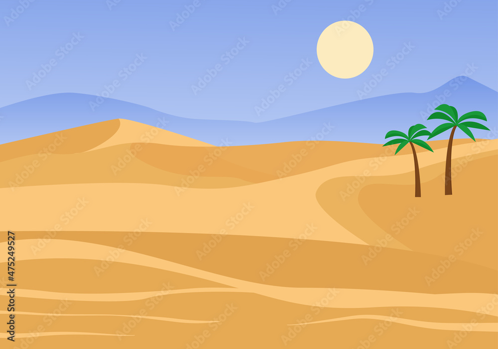 Sunny desert with palm trees landscape. Yellow sandy hills and hot sky with wilderness natural panorama environment with beautiful arid orange background desert. Vector cartoon environment.