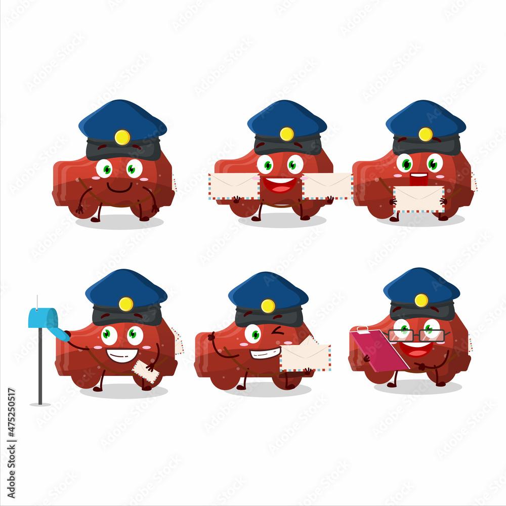 A picture of cheerful red car gummy candy postman cartoon design concept A picture of cheerful red car gummy candy postman cartoon design concept