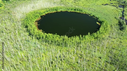 Aerial view of Bottomless  Lake in forest of Solnechnogorsk District, Moscow region. Russia. Aerial view. The lake is perfectly round and its depth is not determined. photo