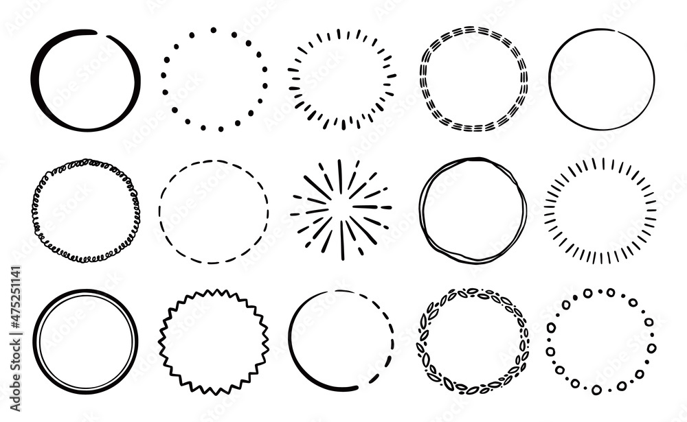Hand drawn circle line badge set. Rustic, grunge style circle badge for frame, label, burst border. Vector illustration. Drawn brush scribble line.