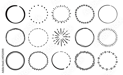 Hand drawn circle line badge set. Rustic, grunge style circle badge for frame, label, burst border. Vector illustration. Drawn brush scribble line.