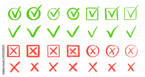 Green check and red cross mark set. Hand drawn doodle sketch style. Vote, yes, no drawn concept. Checkbox, cross mark with square, circle element. Vector illustration.