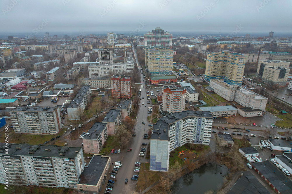 Aerial view of Preobrazhenskaya street in autumn (Kirov, Russia)