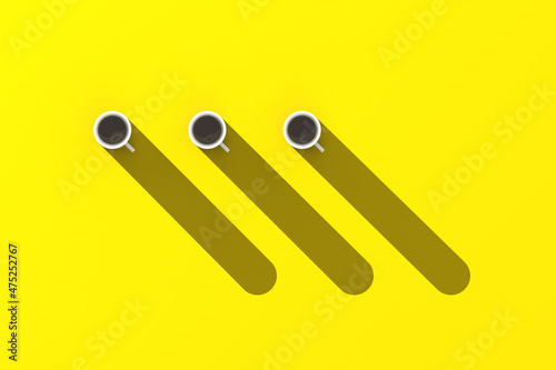 Three white cups of coffee on yellow background. Long shadow from cups. shadow drawing. horizontal image. 3D image. 3D rendering.