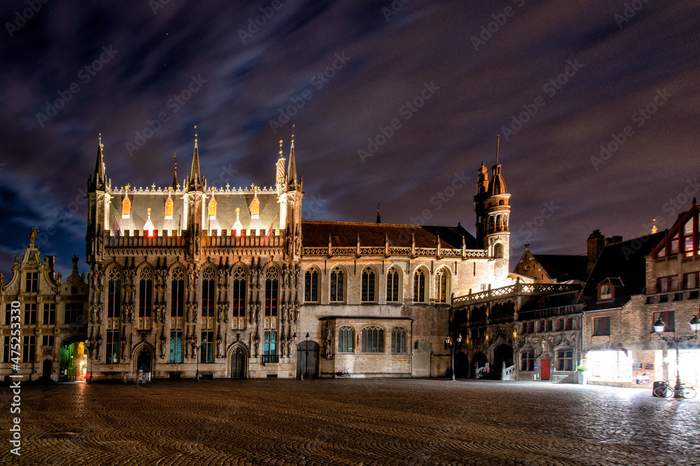 Square in Brugge Belgium photographed at night