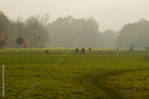 Misty autumn atmosphere in Niddapark Frankfurt. Many dog owners are out and about. photo