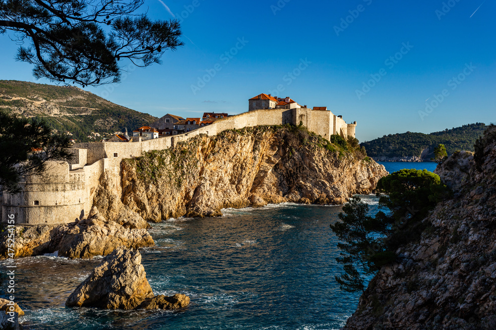 View of Fort Bokar, the city's ancient walls and the west harbor. Dubrovnik, Croatia