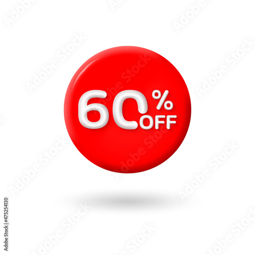 3d Christmas Sale label or icon. 60 percent price off with Santa hat. Xmas discount badge or price tag for promo design. Vector illustration.