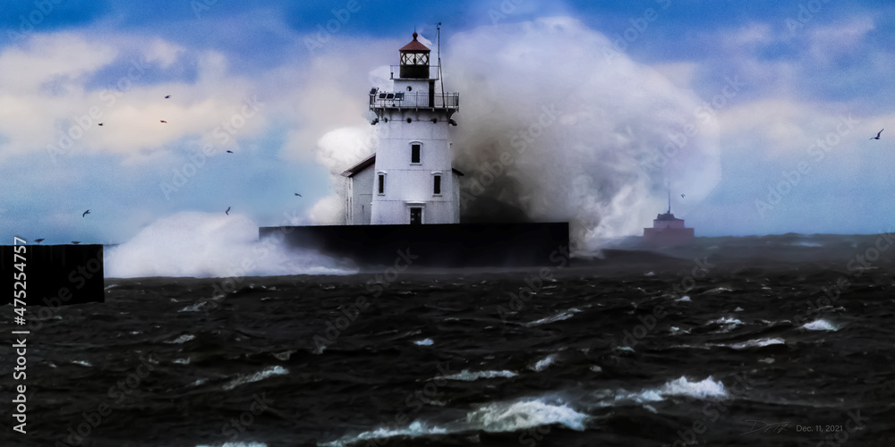 Cleveland Harbor West Pierhead Lighthouse in heavy surf and high winds