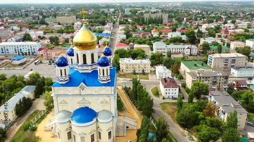 Aerial view of the Ascension Cathedral and residential areas on a summer day in Yelets