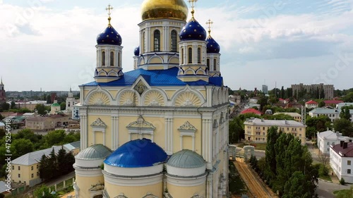 Aerial view of the Ascension Cathedral and residential areas on a summer day in Yelets