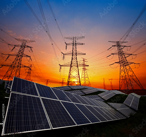 Solar panels and electric tower, green energy