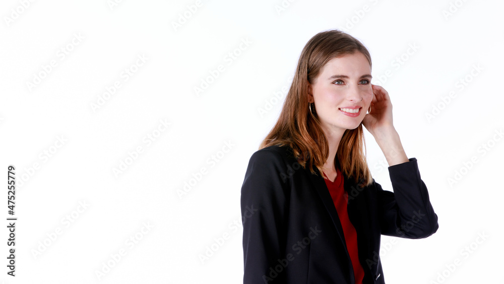 Portrait closeup isolated studio shot of Caucasian confident smart professional successful long hair female businesswoman in formal working suit standing smiling look at camera on white background Portrait closeup isolated studio shot of Caucasian confident smart professional successful long hair female businesswoman in formal working suit standing smiling look at camera on white background