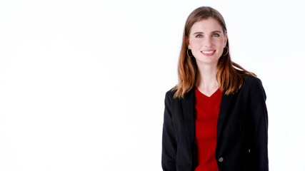 Portrait closeup isolated studio shot of Caucasian confident smart professional successful long hair female businesswoman in formal working suit standing smiling look at camera on white background