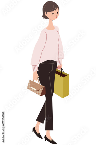 アイソメ　ショートカットの若い女性　買い物