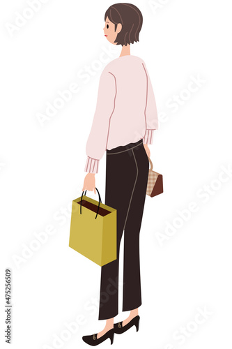 アイソメ　ショートカットの若い女性　買い物　後ろ姿
