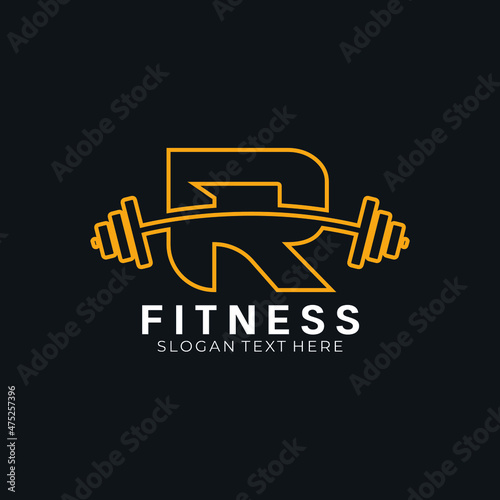 Letter R barbell logo, letter R with barbell logo in trendy flat style, fitness logo