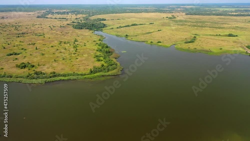 Aerial view of the countryside and a lake on a summer day