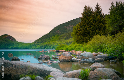 Beautiful view of a river and mountain forests at sunset in Arcadia National Park, Maine photo