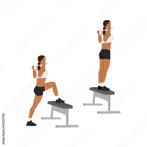 Woman doing Barbell step ups exercise. Flat vector illustration isolated on white background