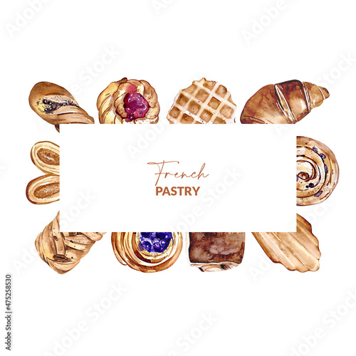 Frame of watercolor french breakfast pastries photo